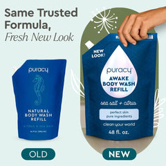 Puracy body wash refill pour-action demonstrating easy refilling and quick lather.