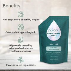 Close-up of Puracy conditioner bottle label highlighting plant-based formula.