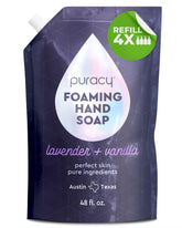 Puracy foaming hand soap refill bottle with lavender-vanilla foam for gentle cleansing.