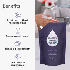 Puracy foaming hand soap refill label showing certifications and ingredients for transparency.