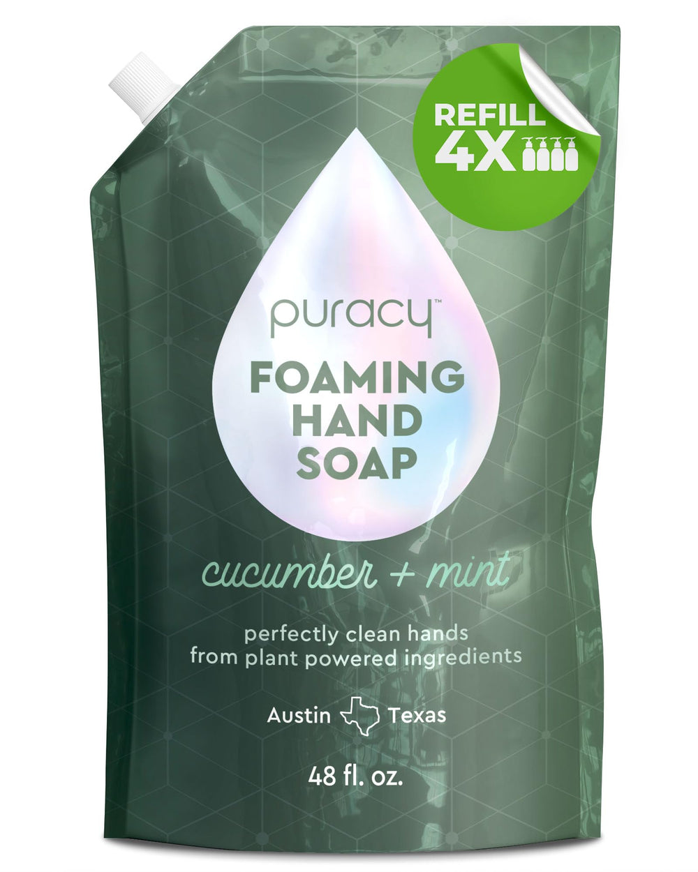 Puracy foaming hand soap refill pouch demonstrates eco-friendly packaging reducing plastic waste.