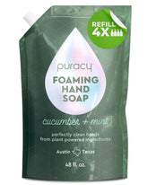 Puracy foaming hand soap refill pouch demonstrates eco-friendly packaging reducing plastic waste.