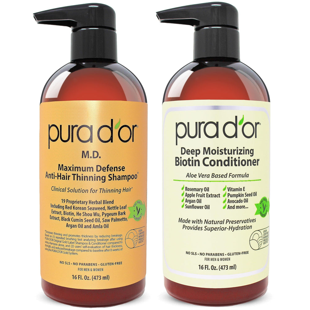 PURA D'OR MD anti-thinning shampoo bottle for daily scalp care and thicker-feeling hair