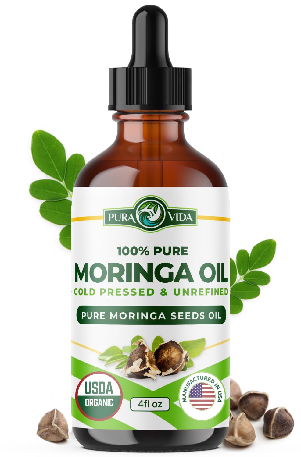 PURA VIDA MORINGA oil bottle closeup for skin hydration and glow