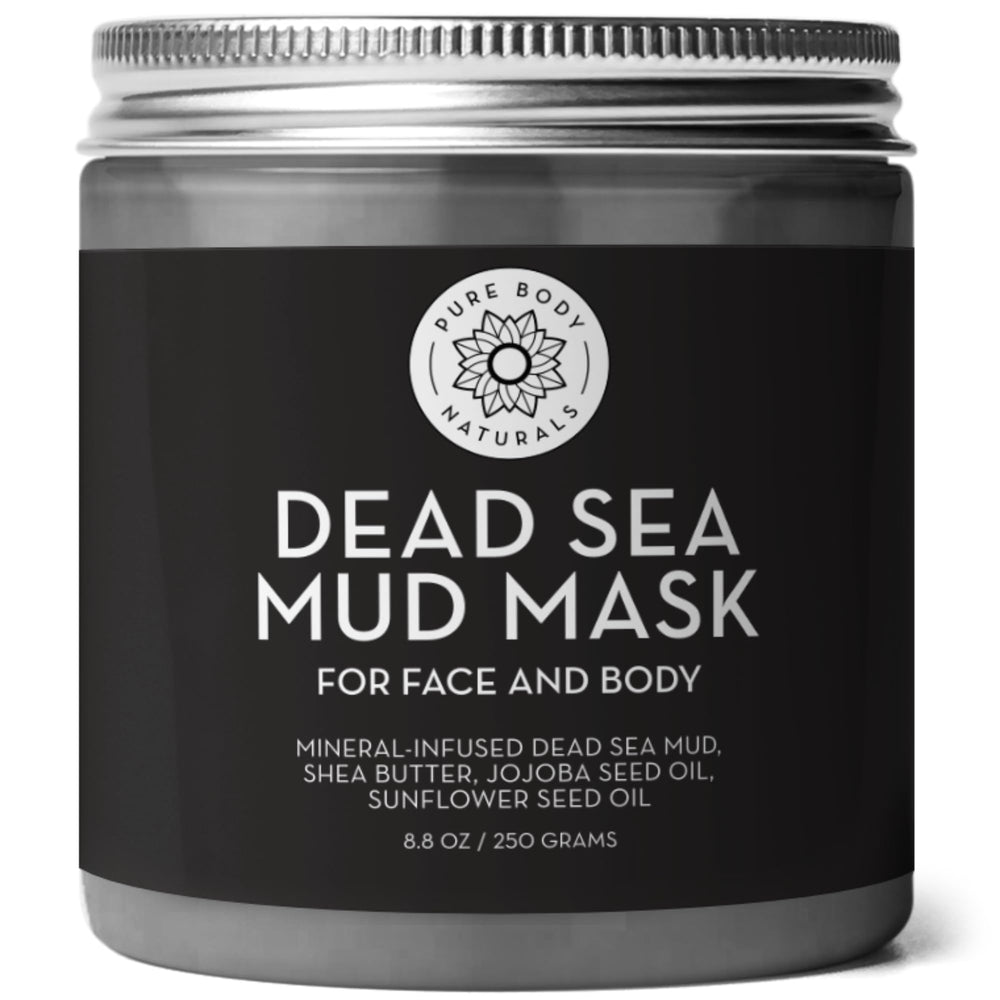 Pure Body Naturals Dead Sea Mud Mask jar close-up for clearer pores.
