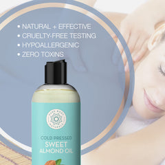 Pure Body Naturals Sweet Almond Oil ingredients card notes vitamin-rich formula for skin and hair