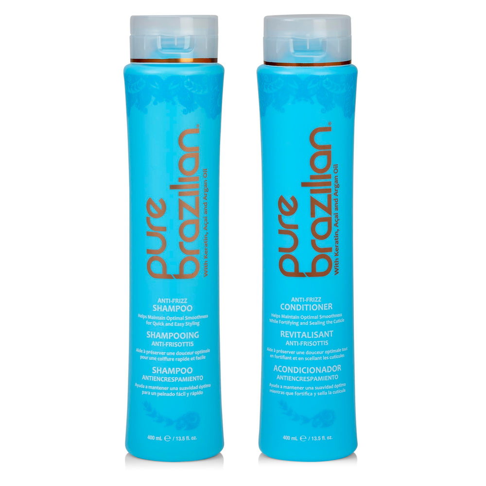 Pure Brazilian Anti-Frizz Shampoo bottle pour promises smoothness for daily use.