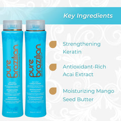 Close-up of Pure Brazilian keratin, argan oil, and acai nourishes frizz control.