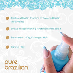 Pure Brazilian ingredients bowl highlighting keratin, rosewater, and pink sea pearls for hydration.