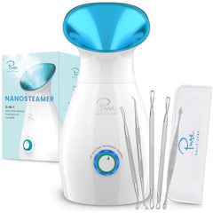 Pure Daily Care Nanosteamer teal front view on bathroom counter for at-home spa sessions.