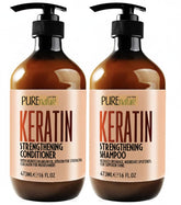 Pure Nature Lux Spa keratin shampoo bottle closeup highlighting anti-frizz hydration for dry hair