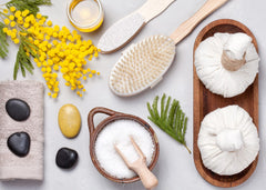 Pure Original Ingredients Epsom Salt dispensing scene highlights easy measurement for DIY baths.