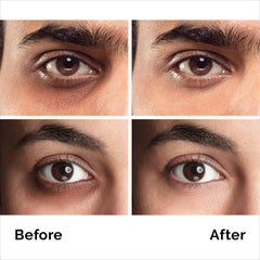 Pure Research caffeine eye cream application demonstrates lightweight texture for smoothing puffiness.