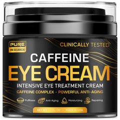 Pure Research caffeine eye cream tube closeup shows hydrating formula for morning under-eye use.