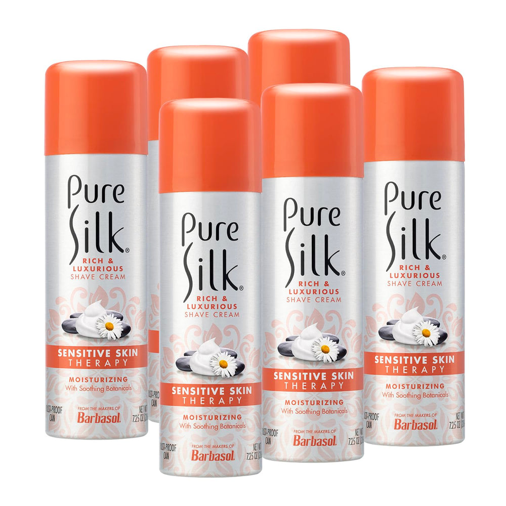 Pure Silk sensitive skin shave cream bottle—soothing formula for comfortable, irritation-free shaving.