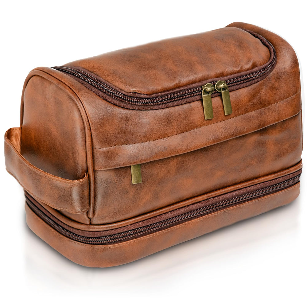 PUREFLY Toiletry Bag leather close-up highlights premium craftsmanship for durable travel days.