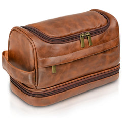 PUREFLY Toiletry Bag leather close-up highlights premium craftsmanship for durable travel days.