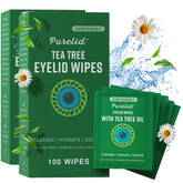 Purelid tea tree eyelid wipes packaging for travel-ready lid hygiene.