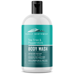Purely Northwest Tea Tree Body Wash bottle pour for a refreshing cleanse after workouts