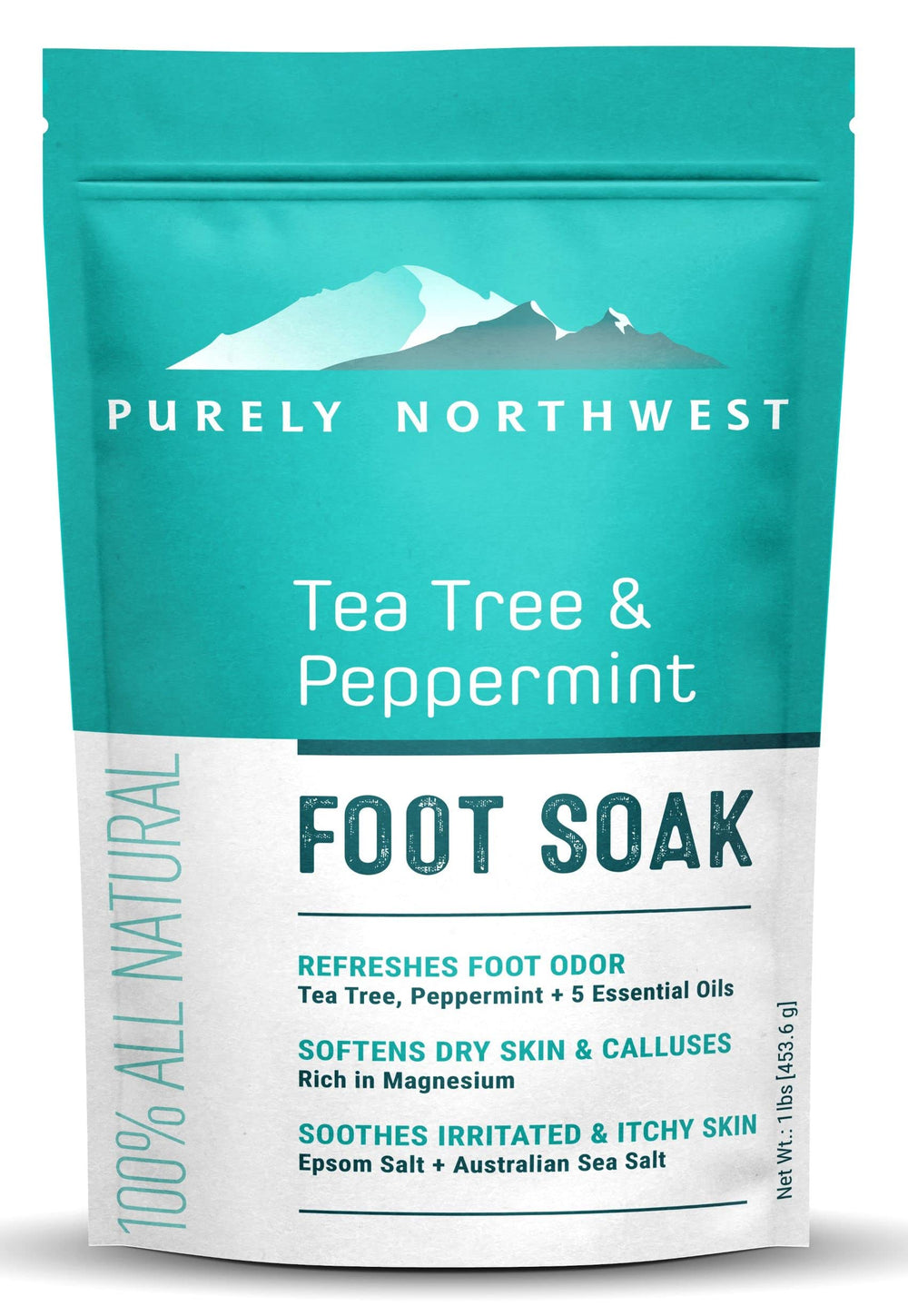 Purely Northwest tea tree foot soak bottle promotes refreshed feet with natural essential oils