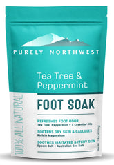 Purely Northwest tea tree foot soak bottle promotes refreshed feet with natural essential oils