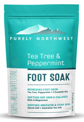 Purely Northwest tea tree foot soak bottle promotes refreshed feet with natural essential oils