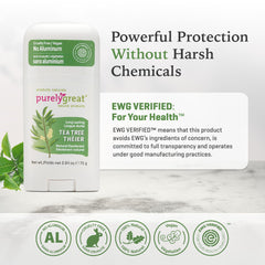 Purelygreat Tea Tree Deodorant Stick label highlights aluminum-free formula and vegan ingredients.