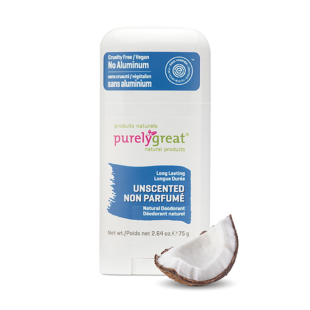 Purelygreat unscented deodorant stick applying for smooth, all-day freshness.
