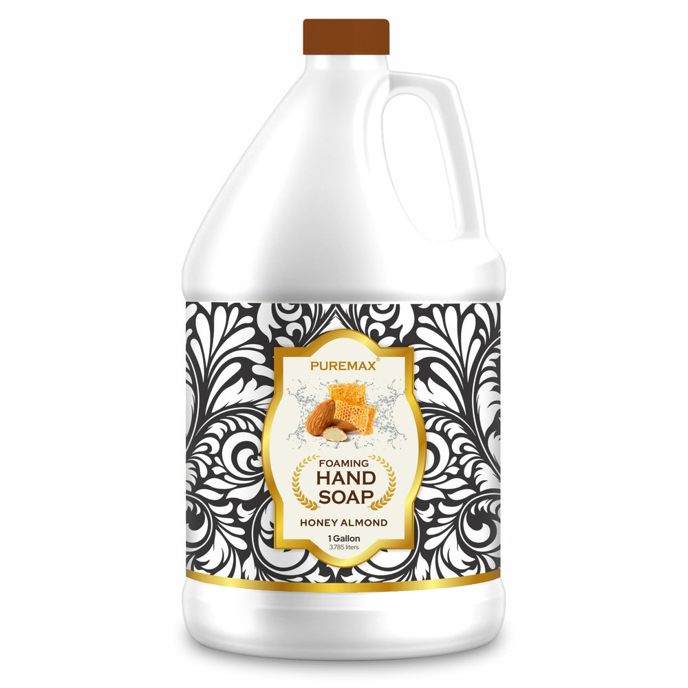 Puremax Honey Almond foaming hand soap pump with creamy foam for gentle cleansing.