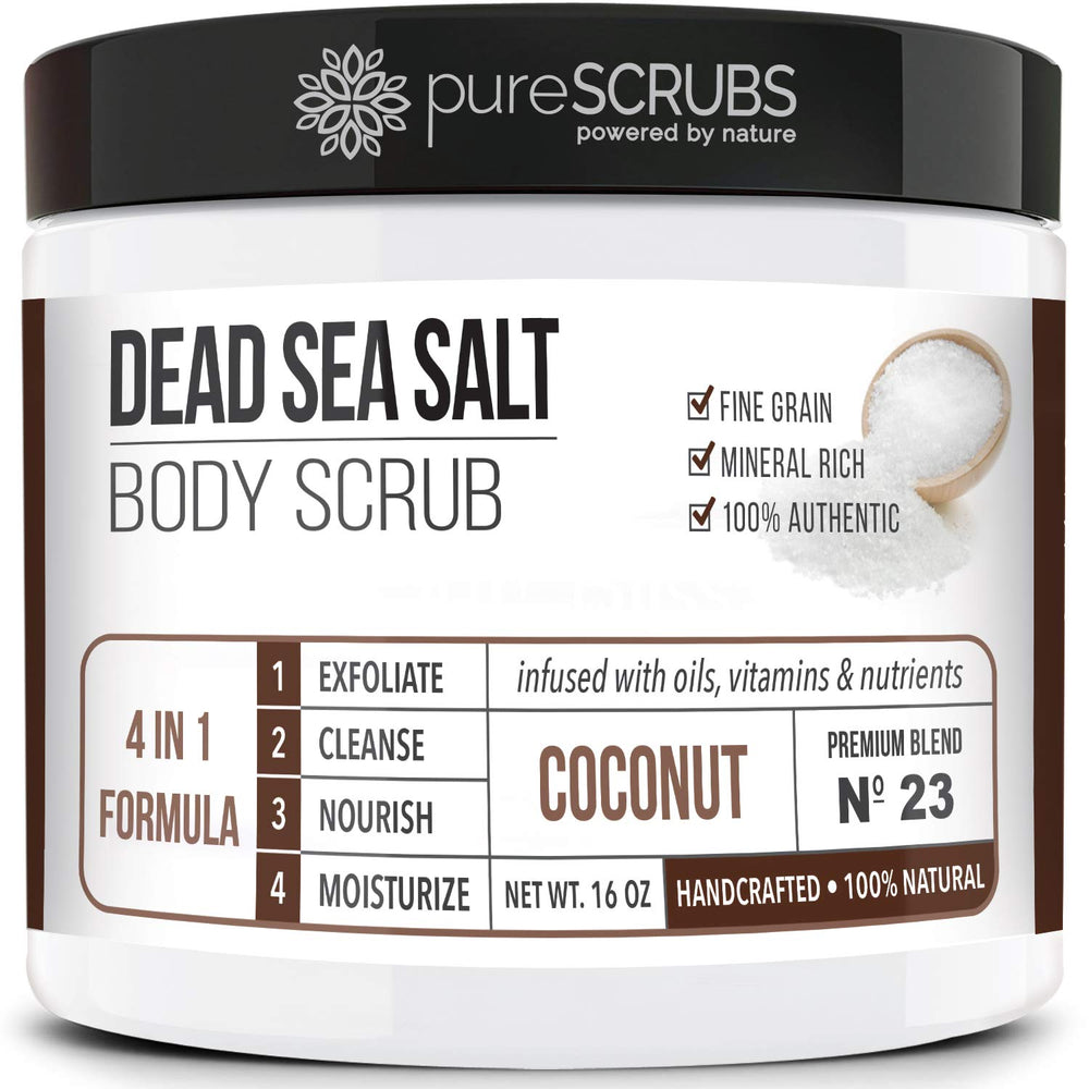 pureSCRUBS Premium Coconut Body Scrub Jar — smooth skin with Dead Sea salt exfoliation.