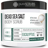 PureSCRUBS eucalyptus scrub jar close-up showing rich texture for smooth skin prep.