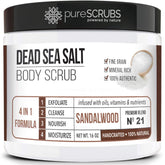 pureSCRUBS sandalwood body scrub 16oz jar closeup for silky, smooth skin.