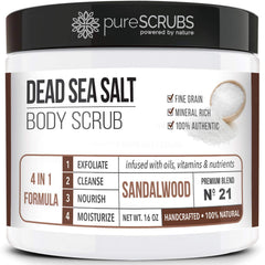pureSCRUBS sandalwood body scrub 16oz jar closeup for silky, smooth skin.