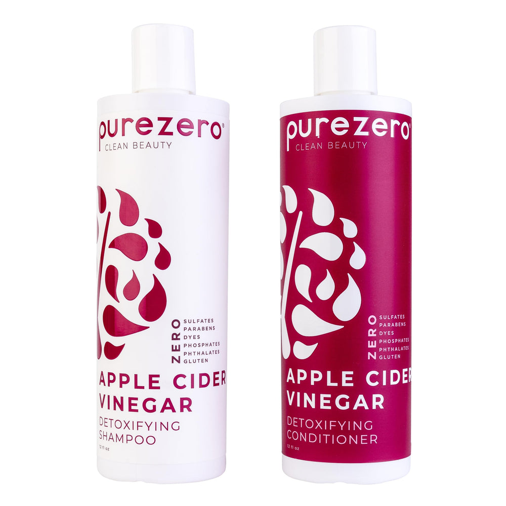 Purezero Apple Cider Vinegar Shampoo bottle demonstrates detox-ready scalp cleansing.