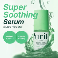 PURITO Centella Unscented Serum application on skin cooling and soothing facial care.