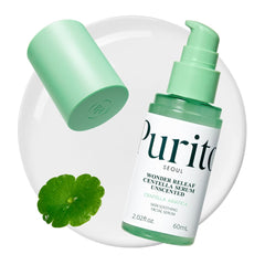 PURITO Centella Unscented Serum bottle promotes calm, soothing hydration for sensitive skin.