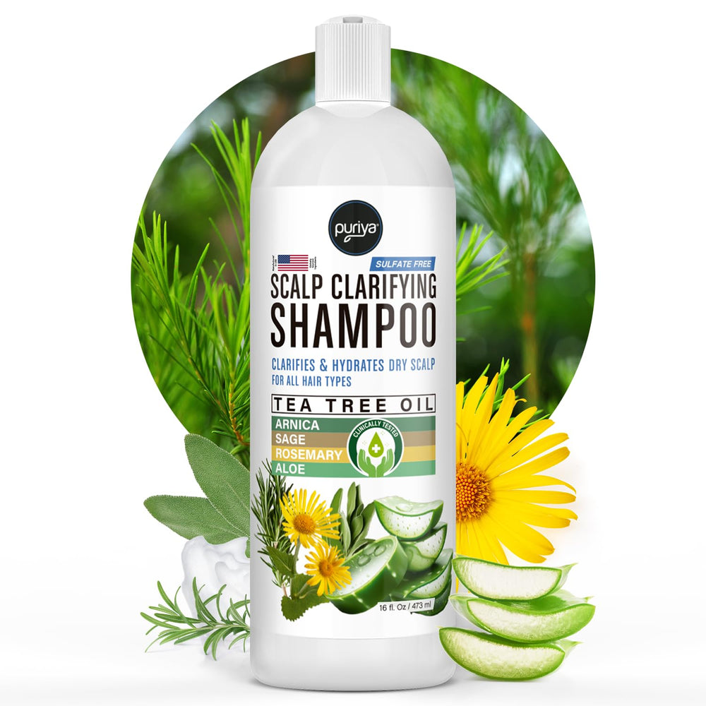 Puriya Tea Tree Clarifying Shampoo bottle for gentle cleansing and scalp relief