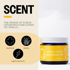 PurO3 close-up amber glass bottle highlights additive-free skincare.