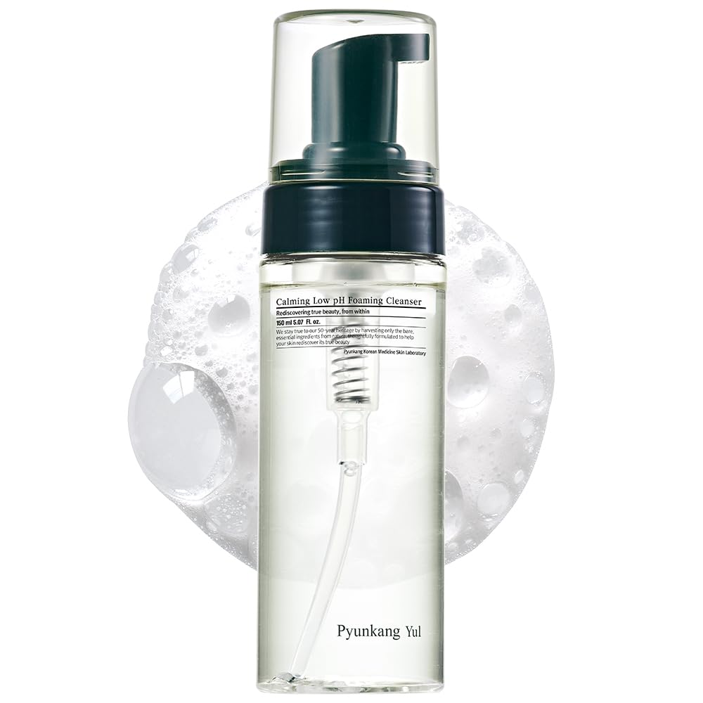 Pyunkang Yul PKY Calming Low pH Foaming Cleanser bottle highlights gentle cleansing for calm, hydrated skin.
