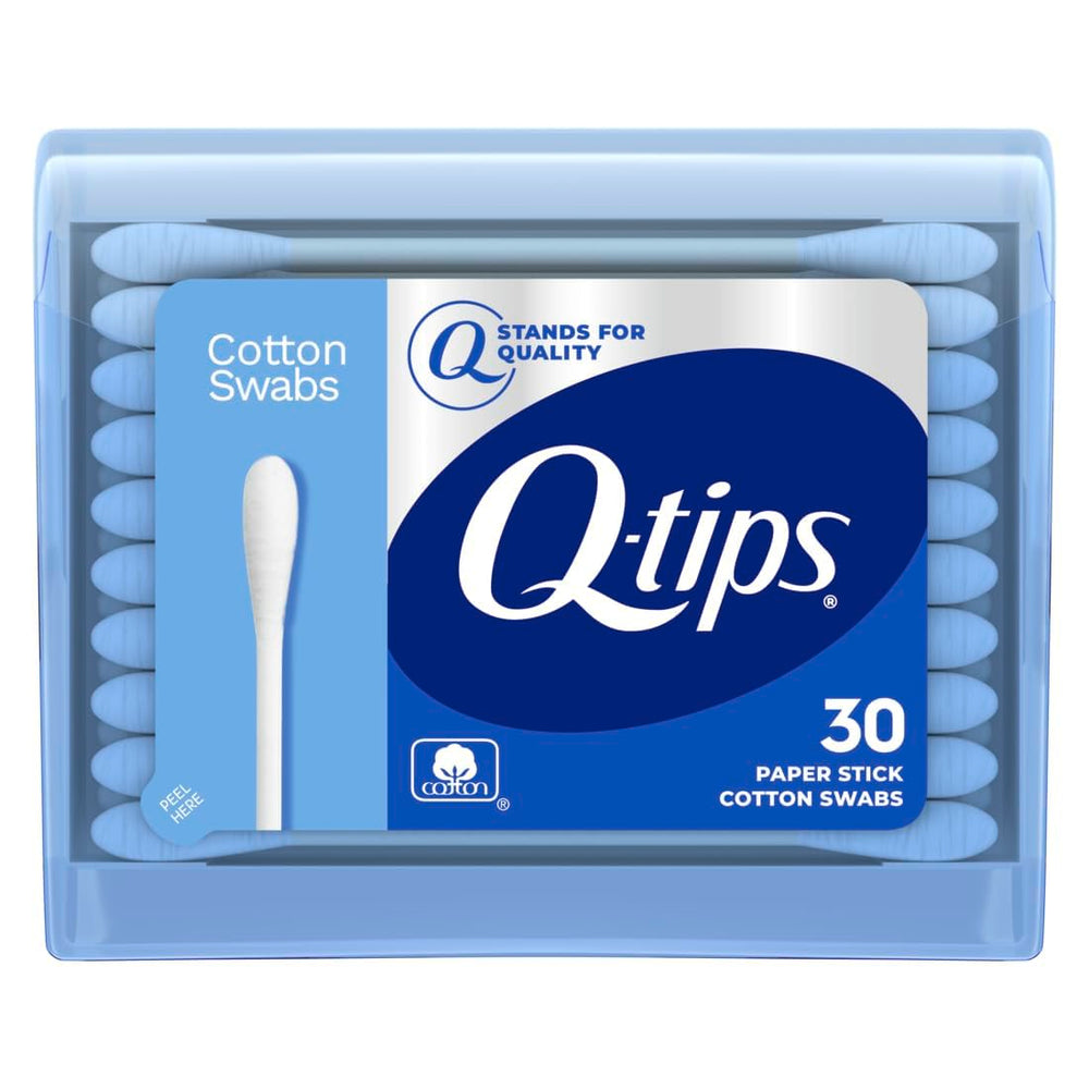 Q-tips travel pack blue case front view showing compact flip-top for clean access and easy portability