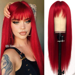 QD-Tizer red long silky straight wig with bangs highlights dramatic style for bold party looks.