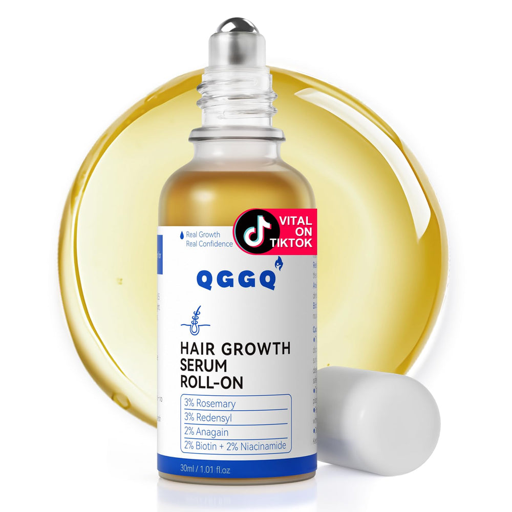 QGGQ Hair Growth Serum Roll-On bottle for easy on-the-go scalp care.