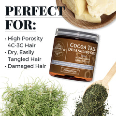 Hands apply Cocoa Tree Detangling Ghee to tangled hair for manageability.