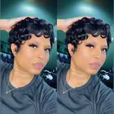 QiaQiaRing Pixie Cut Wig natural black closeup shows soft natural texture for daily wear