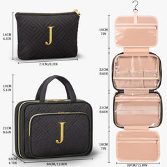 Qinline travel toiletry bag uses peach skin polyester with water-resistant PVC lining.