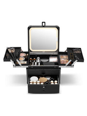 Qislee makeup box black front view showing durable on-the-go storage.