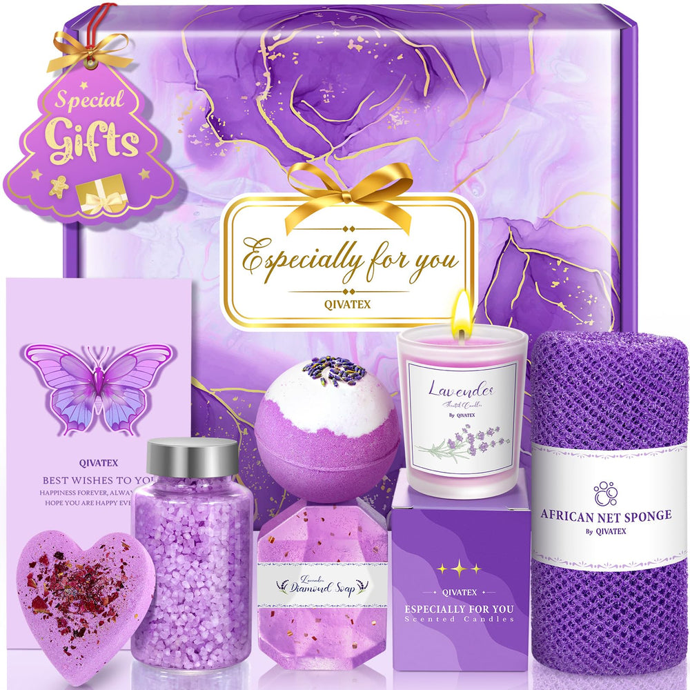 Qivatex bath gift set lavender candle offers a calming home spa moment.
