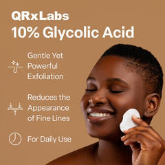 QRxLabs Glycolic Pads packaging showing long-lasting supply for daily exfoliation.