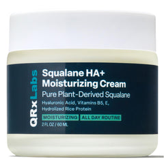 QRxLabs Plant-Based Squalane Face Moisturizer bottle shows lightweight hydration for daily use