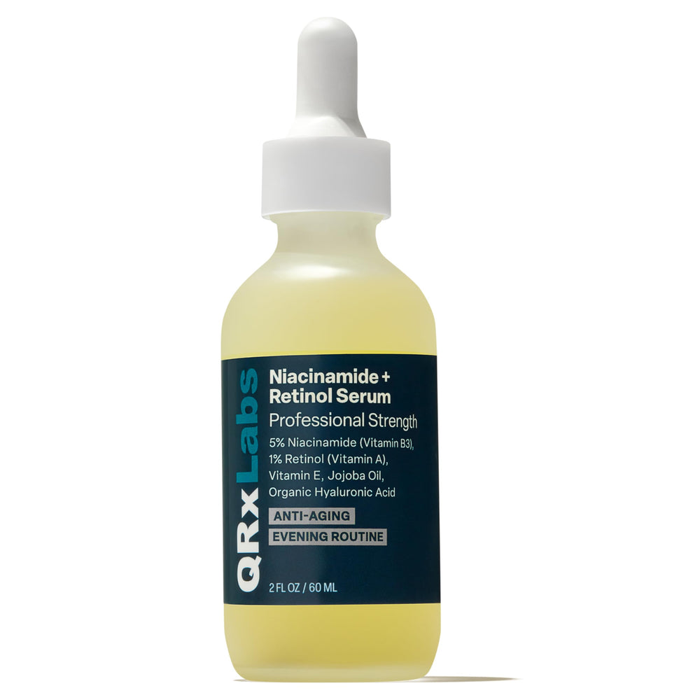 QRxLabs serum bottle close-up shows 2oz dark glass packaging for brightening and pore-minimizing use
